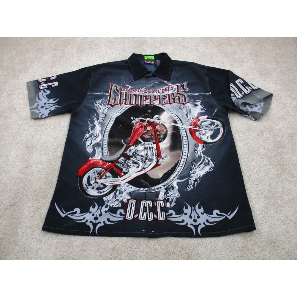Orange County Choppers Shirt Mens Large Blue Motorcycle Print Button Up Y2K